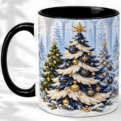 #pl[11oz|Black] Blue White Christmas Trees Accent Ceramic Mug, Gold Ornaments