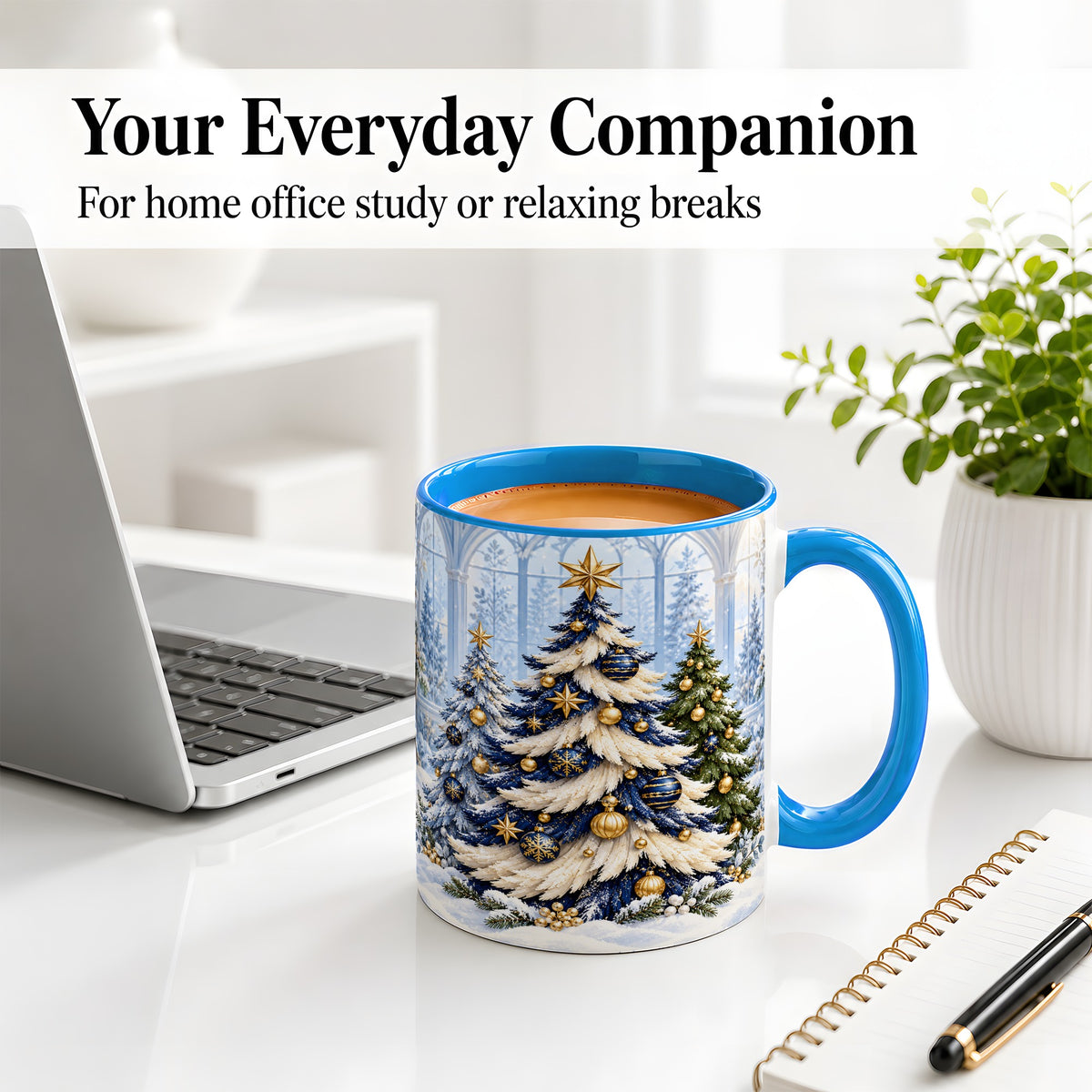 #pl[11oz|Blue] Blue White Christmas Trees Accent Ceramic Mug, Gold Ornaments