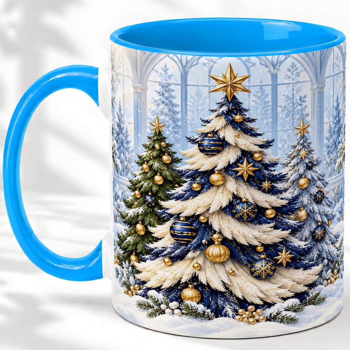#pl[11oz|Blue] Blue White Christmas Trees Accent Ceramic Mug, Gold Ornaments