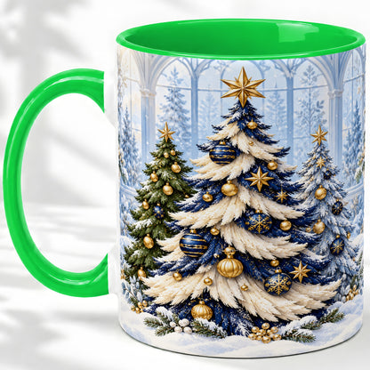 #pl[11oz|Green] Blue White Christmas Trees Accent Ceramic Mug, Gold Ornaments