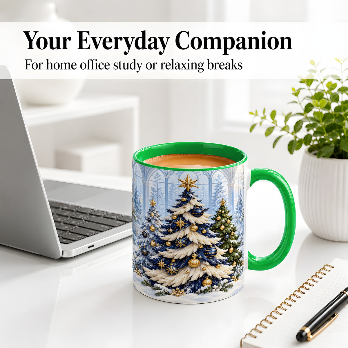 #pl[11oz|Green] Blue White Christmas Trees Accent Ceramic Mug, Gold Ornaments