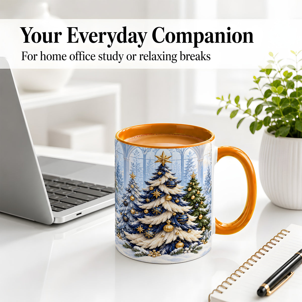 #pl[11oz|Orange] Blue White Christmas Trees Accent Ceramic Mug, Gold Ornaments