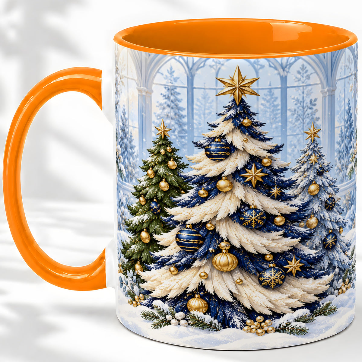 #pl[11oz|Orange] Blue White Christmas Trees Accent Ceramic Mug, Gold Ornaments