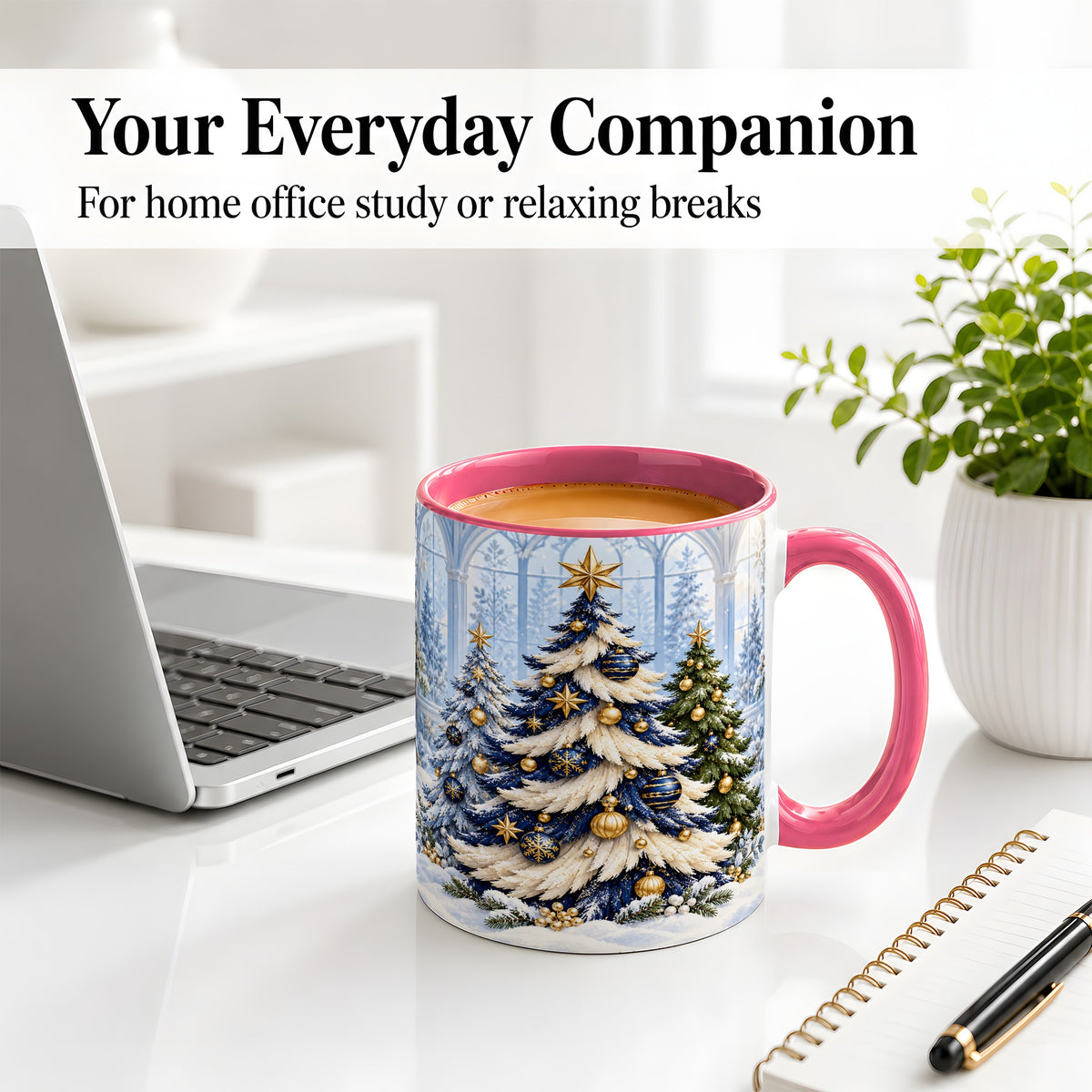 #pl[11oz|Pink] Blue White Christmas Trees Accent Ceramic Mug, Gold Ornaments