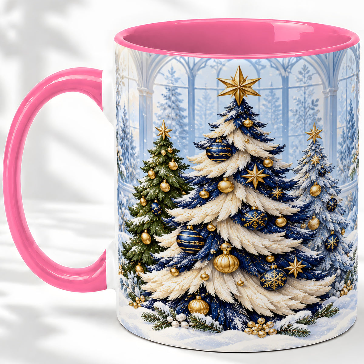 #pl[11oz|Pink] Blue White Christmas Trees Accent Ceramic Mug, Gold Ornaments