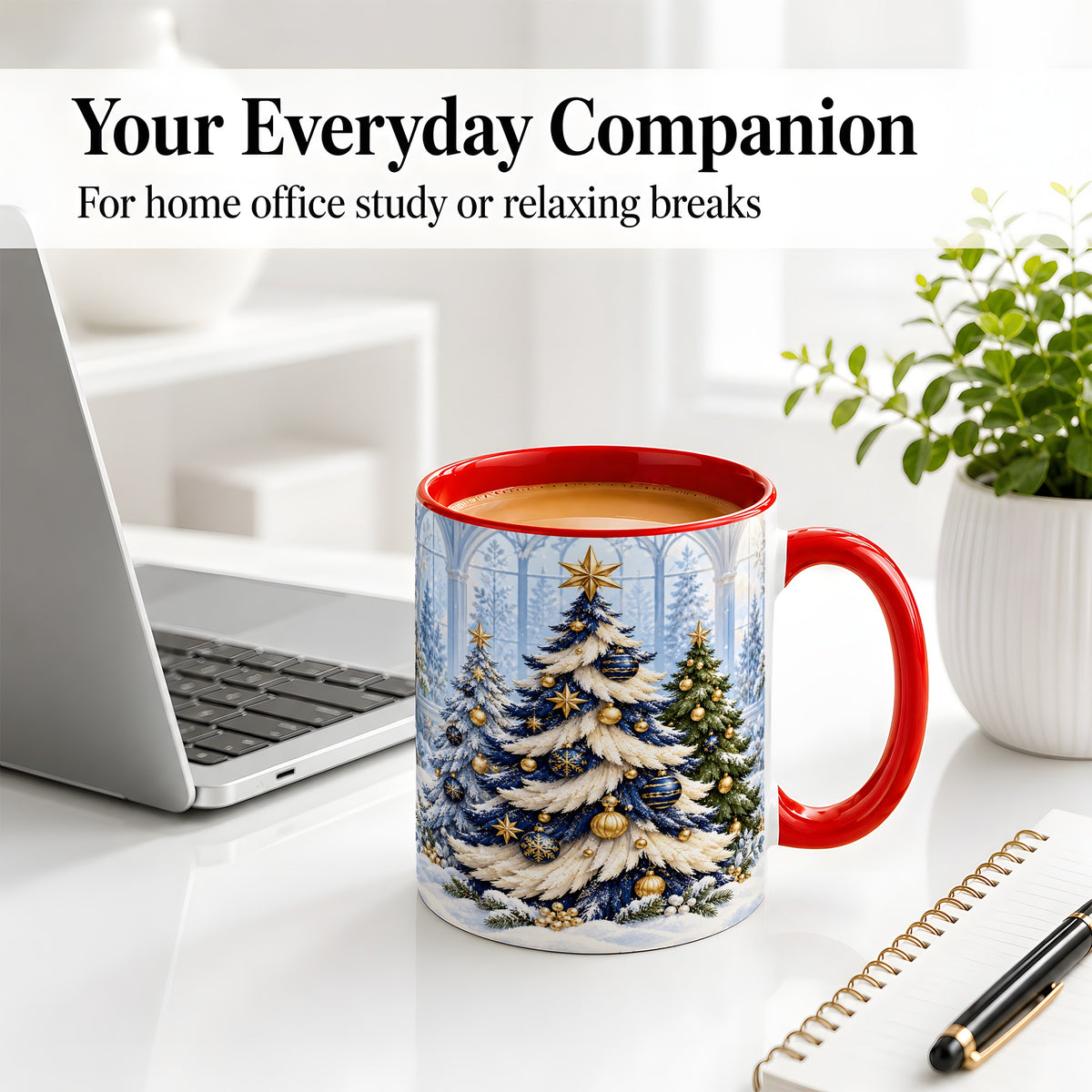 #pl[11oz|Red] Blue White Christmas Trees Accent Ceramic Mug, Gold Ornaments