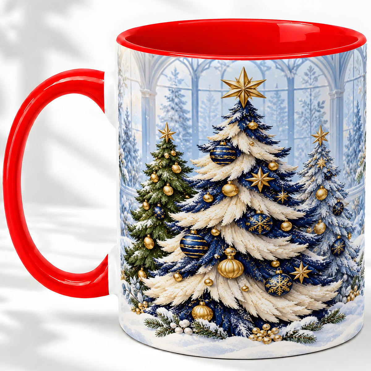 Blue White Christmas Trees Accent Ceramic Mug, Gold Ornaments