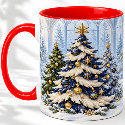 Blue White Christmas Trees Accent Ceramic Mug, Gold Ornaments