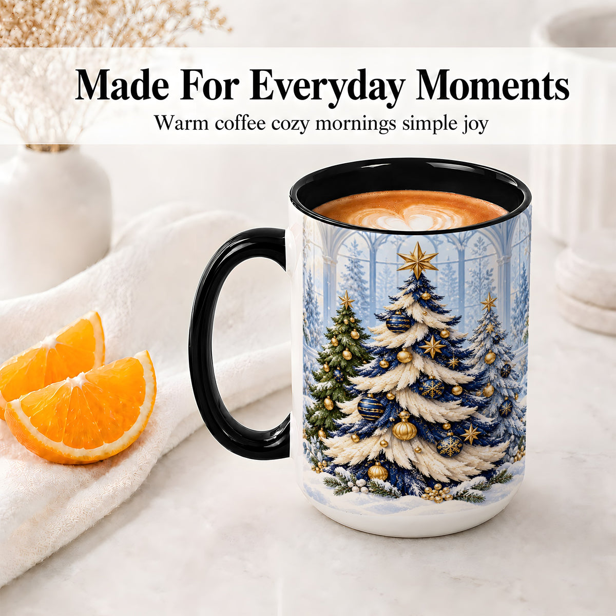 #pl[15oz|Black] Blue White Christmas Trees Accent Ceramic Mug, Gold Ornaments