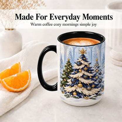 #pl[15oz|Black] Blue White Christmas Trees Accent Ceramic Mug, Gold Ornaments