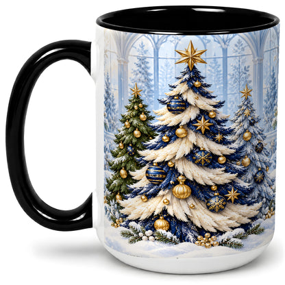 #pl[15oz|Black] Blue White Christmas Trees Accent Ceramic Mug, Gold Ornaments
