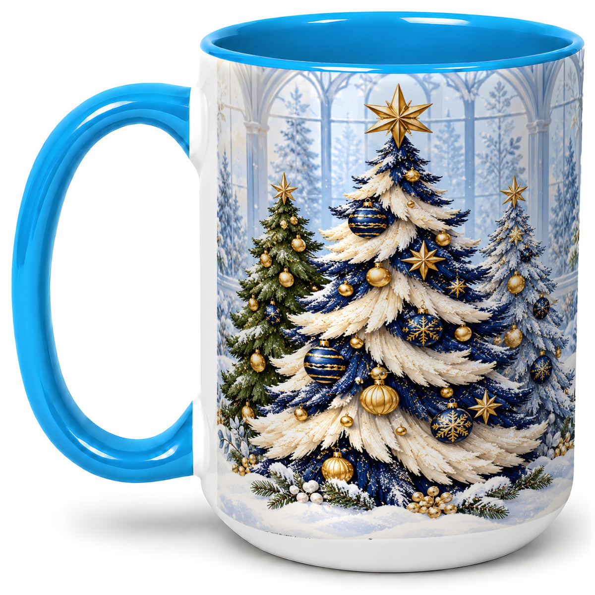 #pl[15oz|Blue] Blue White Christmas Trees Accent Ceramic Mug, Gold Ornaments