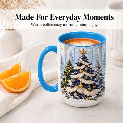 #pl[15oz|Blue] Blue White Christmas Trees Accent Ceramic Mug, Gold Ornaments