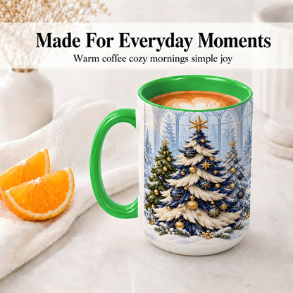 #pl[15oz|Green] Blue White Christmas Trees Accent Ceramic Mug, Gold Ornaments