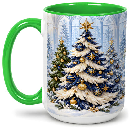#pl[15oz|Green] Blue White Christmas Trees Accent Ceramic Mug, Gold Ornaments
