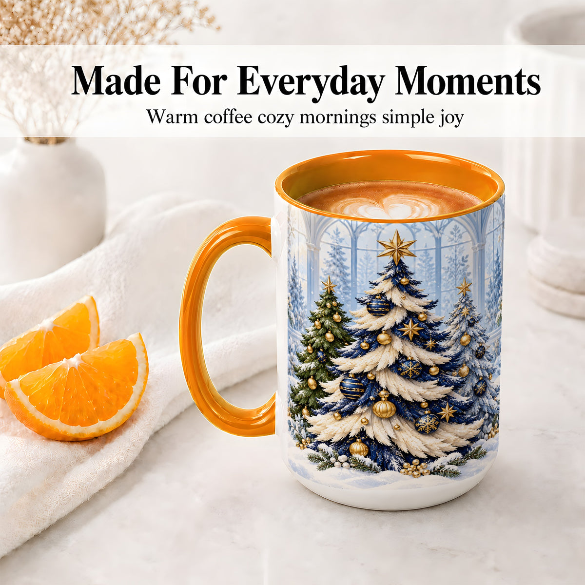 #pl[15oz|Orange] Blue White Christmas Trees Accent Ceramic Mug, Gold Ornaments
