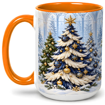 #pl[15oz|Orange] Blue White Christmas Trees Accent Ceramic Mug, Gold Ornaments