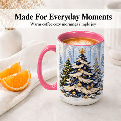 #pl[15oz|Pink] Blue White Christmas Trees Accent Ceramic Mug, Gold Ornaments