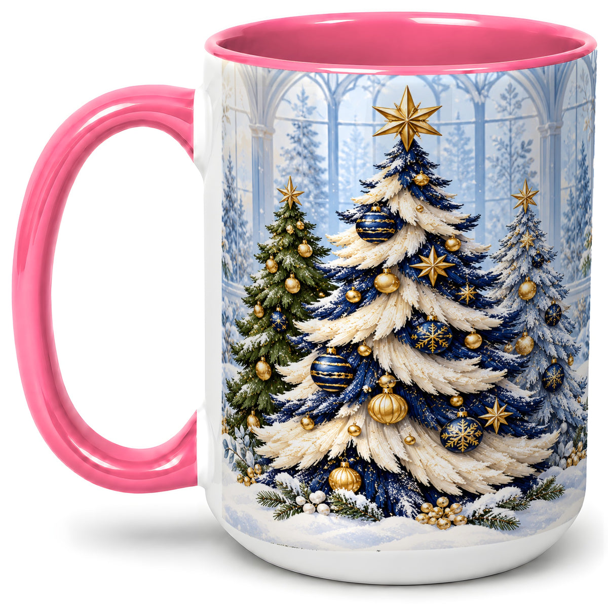 #pl[15oz|Pink] Blue White Christmas Trees Accent Ceramic Mug, Gold Ornaments