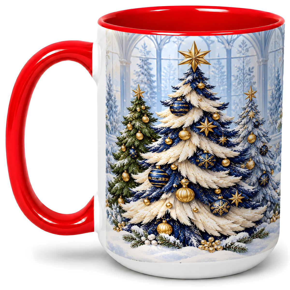 #pl[15oz|Red] Blue White Christmas Trees Accent Ceramic Mug, Gold Ornaments
