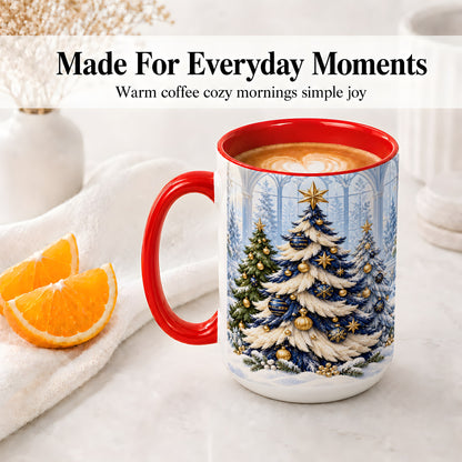 #pl[15oz|Red] Blue White Christmas Trees Accent Ceramic Mug, Gold Ornaments