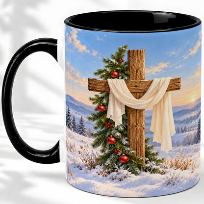 #pl[11oz|Black] Winter Cross Accent Ceramic Mug, White Drape and Evergreen