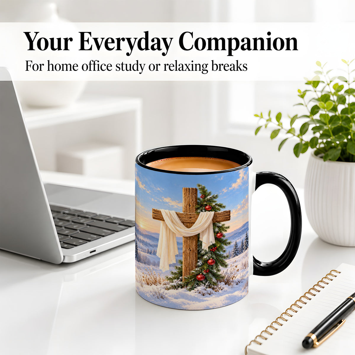 #pl[11oz|Black] Winter Cross Accent Ceramic Mug, White Drape and Evergreen