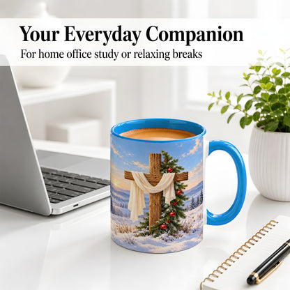 #pl[11oz|Blue] Winter Cross Accent Ceramic Mug, White Drape and Evergreen