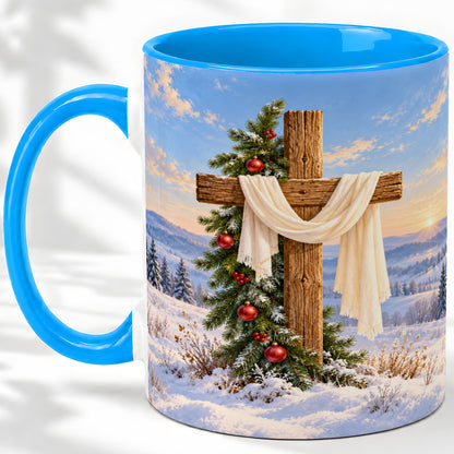 #pl[11oz|Blue] Winter Cross Accent Ceramic Mug, White Drape and Evergreen