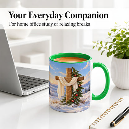 #pl[11oz|Green] Winter Cross Accent Ceramic Mug, White Drape and Evergreen