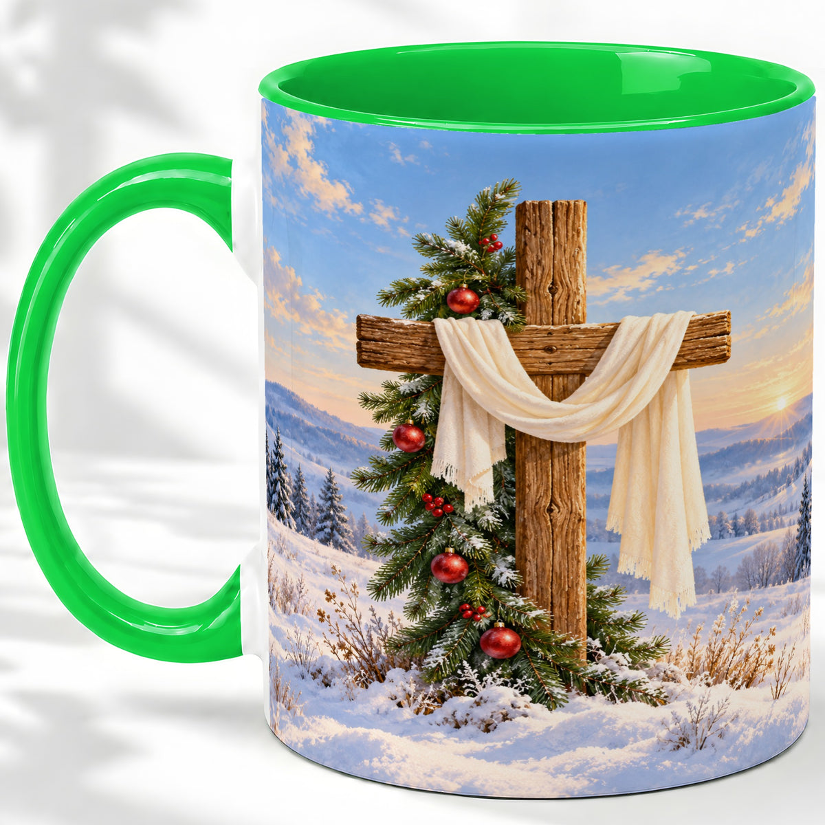 #pl[11oz|Green] Winter Cross Accent Ceramic Mug, White Drape and Evergreen