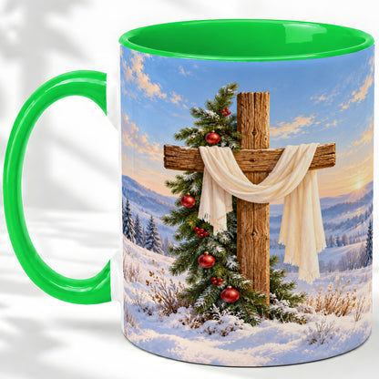#pl[11oz|Green] Winter Cross Accent Ceramic Mug, White Drape and Evergreen