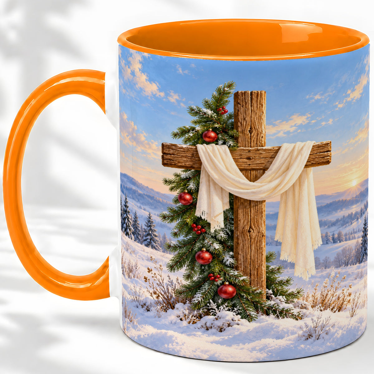 #pl[11oz|Orange] Winter Cross Accent Ceramic Mug, White Drape and Evergreen
