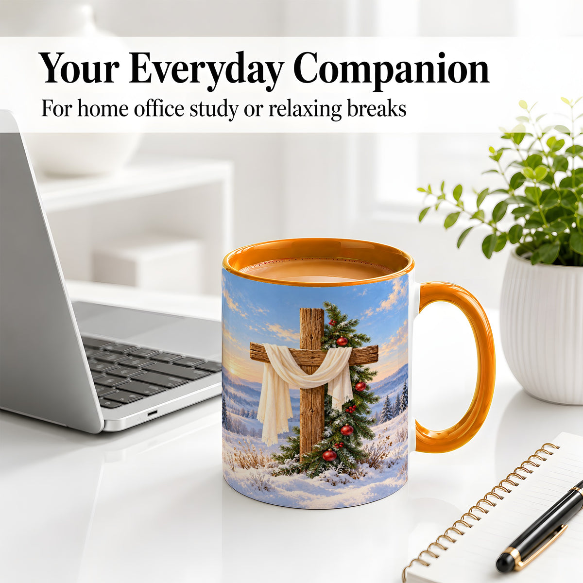 #pl[11oz|Orange] Winter Cross Accent Ceramic Mug, White Drape and Evergreen
