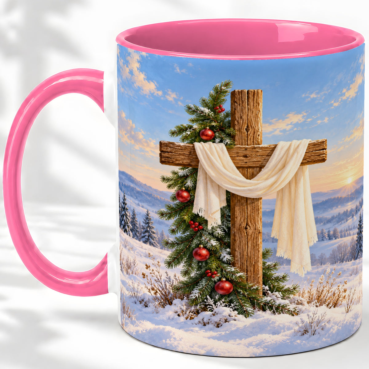 #pl[11oz|Pink] Winter Cross Accent Ceramic Mug, White Drape and Evergreen