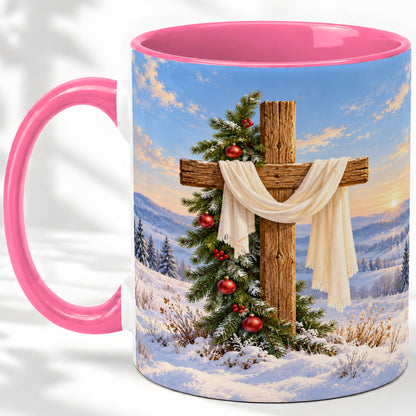 #pl[11oz|Pink] Winter Cross Accent Ceramic Mug, White Drape and Evergreen