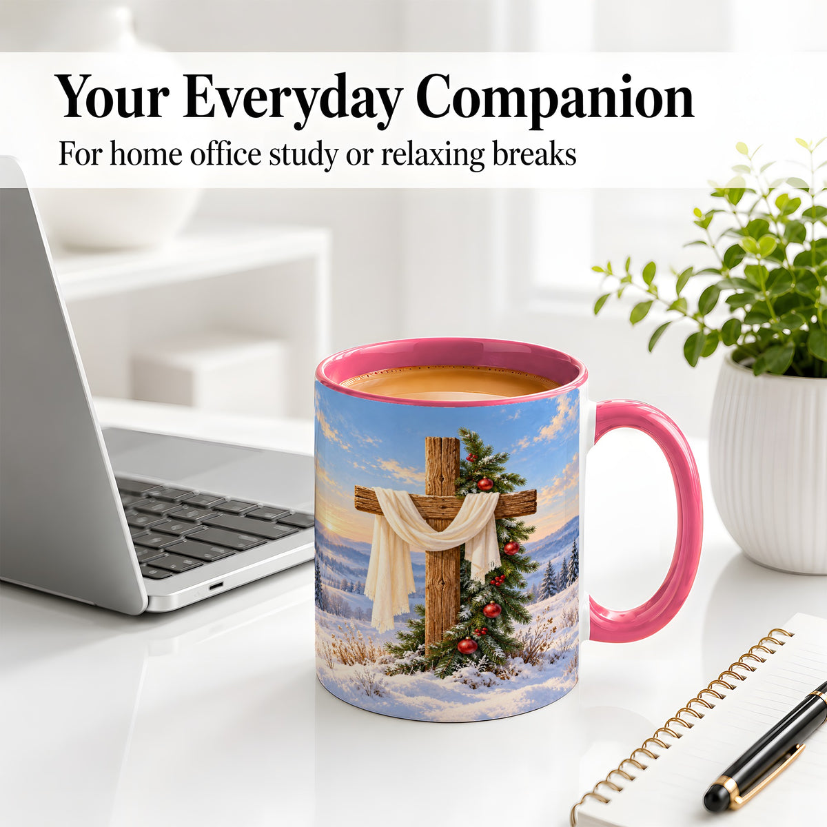 #pl[11oz|Pink] Winter Cross Accent Ceramic Mug, White Drape and Evergreen