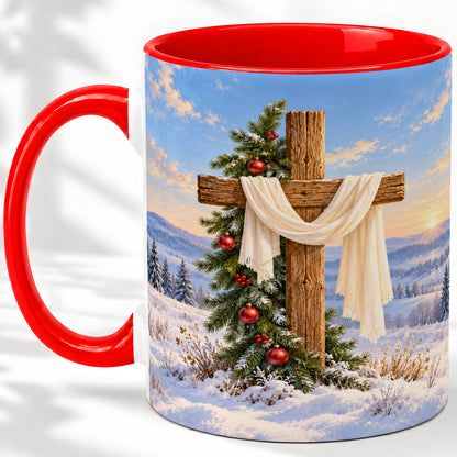 Winter Cross Accent Ceramic Mug, White Drape and Evergreen