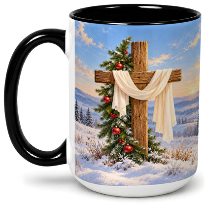 #pl[15oz|Black] Winter Cross Accent Ceramic Mug, White Drape and Evergreen