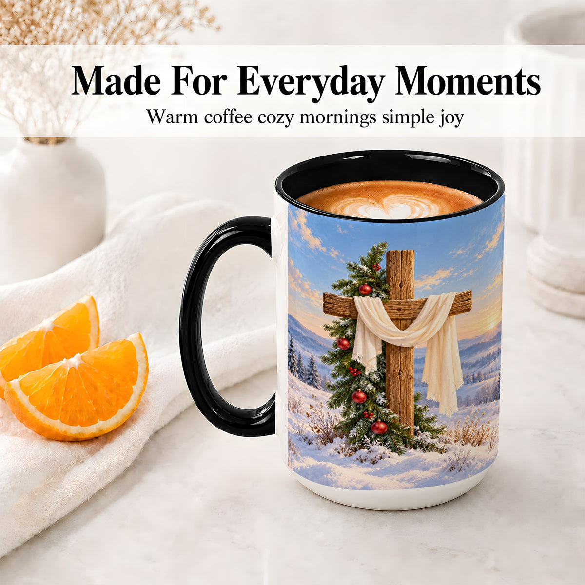 #pl[15oz|Black] Winter Cross Accent Ceramic Mug, White Drape and Evergreen