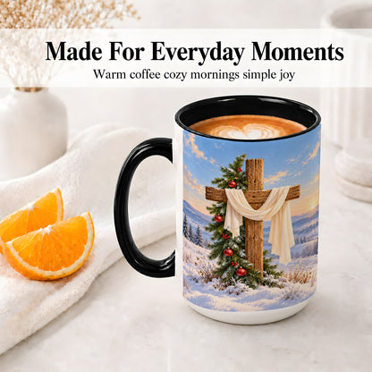 #pl[15oz|Black] Winter Cross Accent Ceramic Mug, White Drape and Evergreen