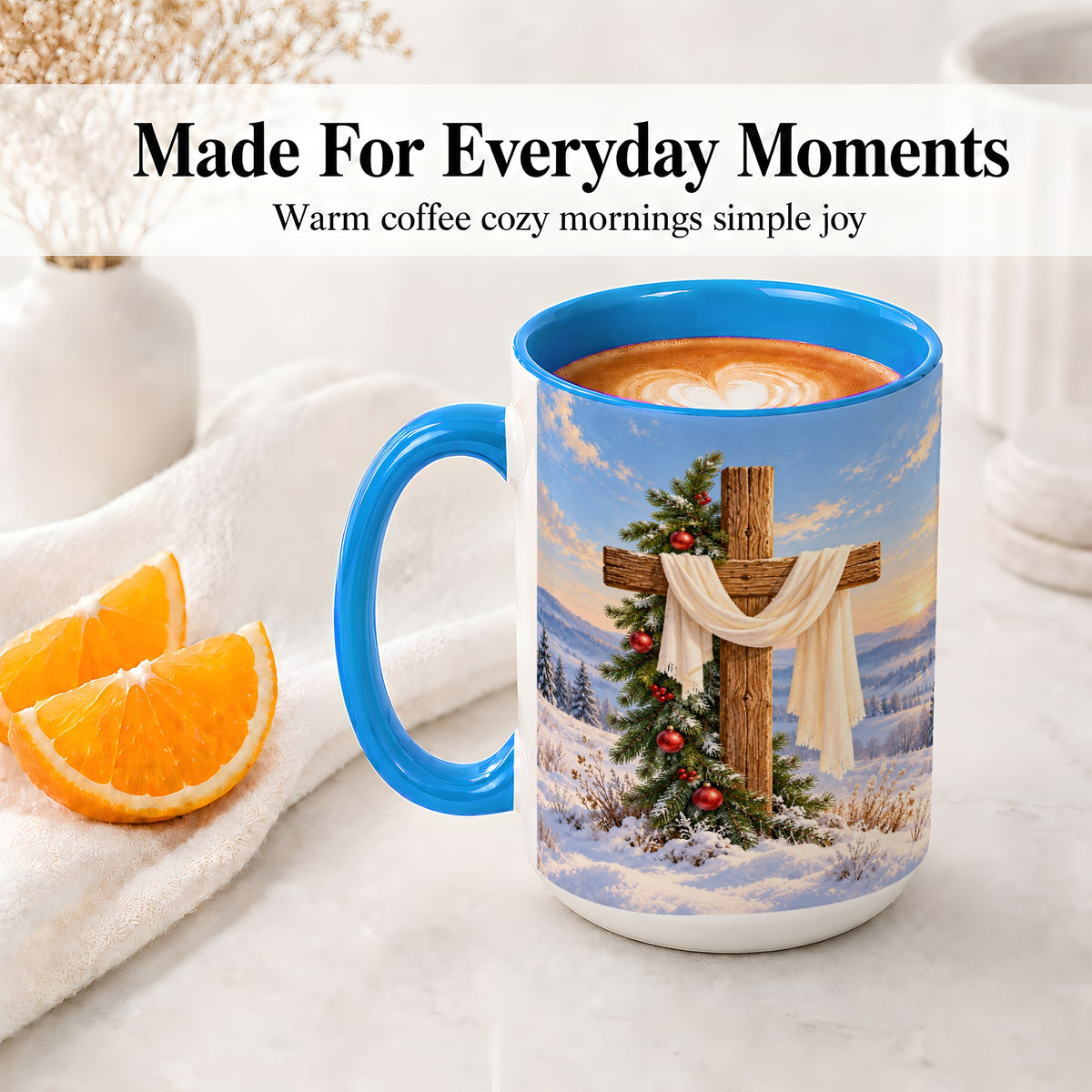 #pl[15oz|Blue] Winter Cross Accent Ceramic Mug, White Drape and Evergreen