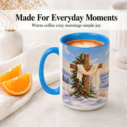 #pl[15oz|Blue] Winter Cross Accent Ceramic Mug, White Drape and Evergreen