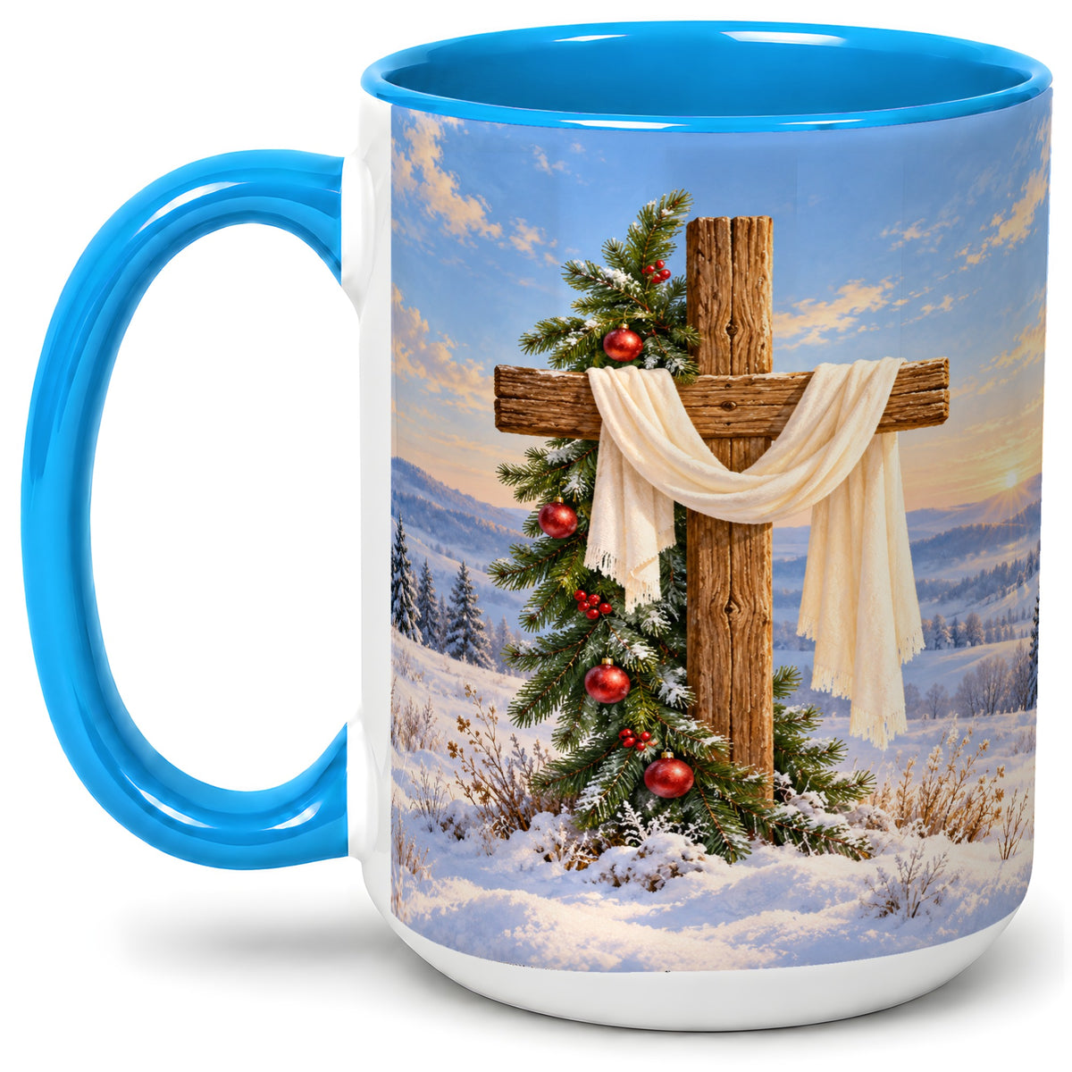 #pl[15oz|Blue] Winter Cross Accent Ceramic Mug, White Drape and Evergreen