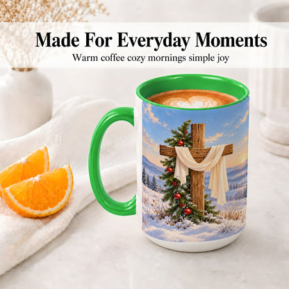#pl[15oz|Green] Winter Cross Accent Ceramic Mug, White Drape and Evergreen