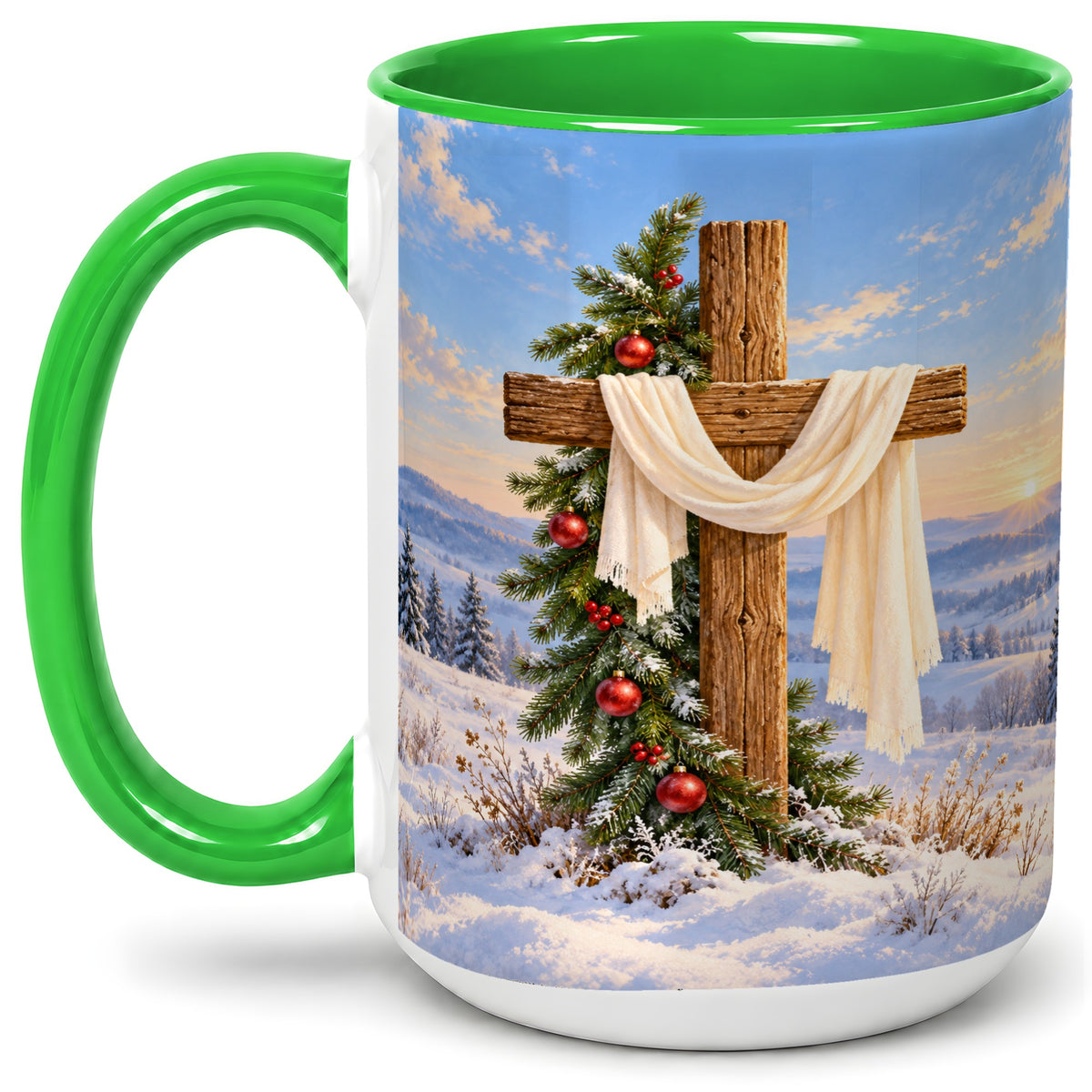 #pl[15oz|Green] Winter Cross Accent Ceramic Mug, White Drape and Evergreen