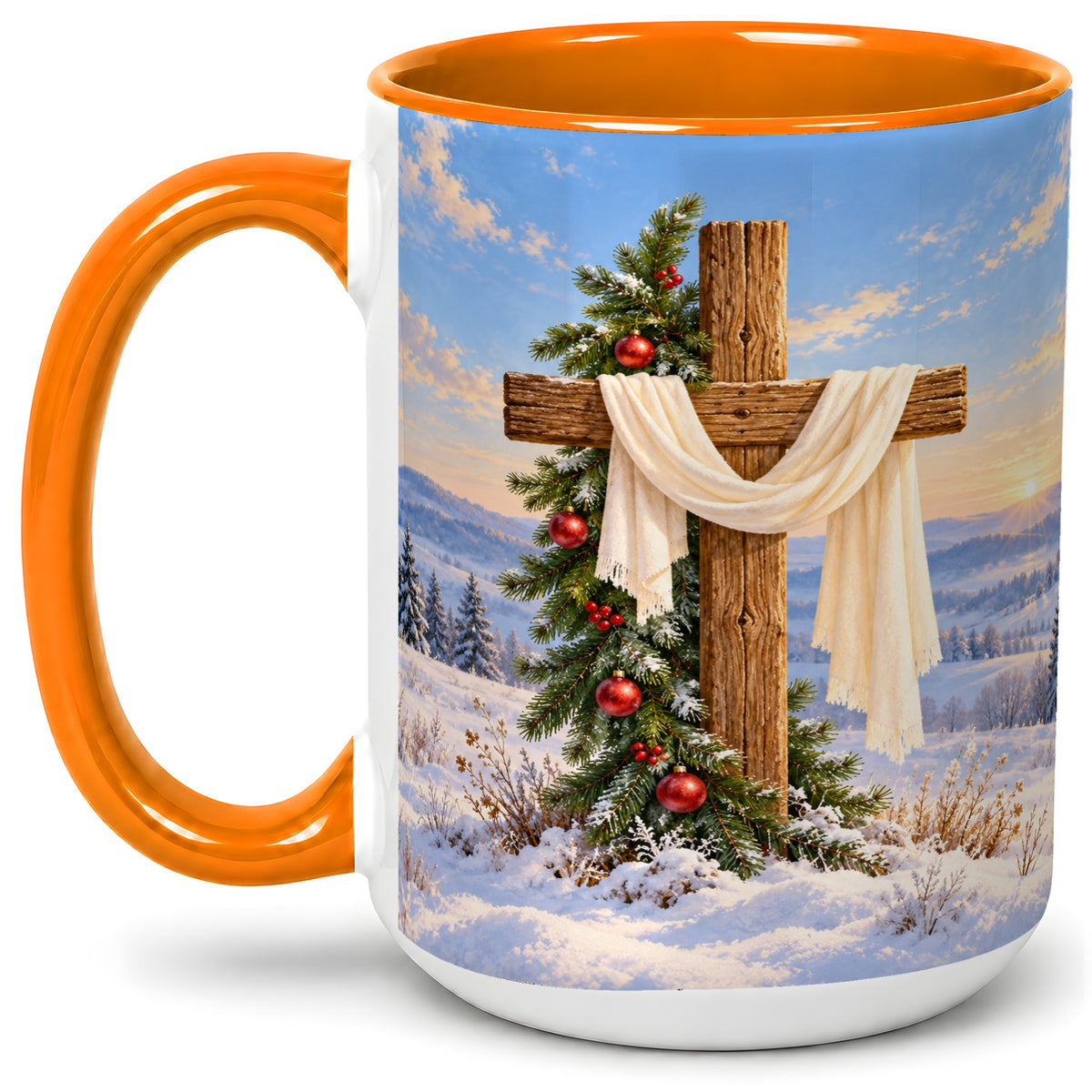 #pl[15oz|Orange] Winter Cross Accent Ceramic Mug, White Drape and Evergreen