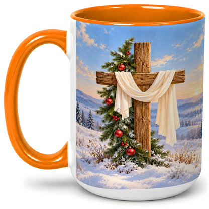 #pl[15oz|Orange] Winter Cross Accent Ceramic Mug, White Drape and Evergreen