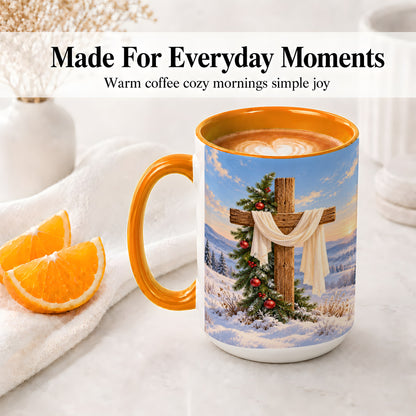 #pl[15oz|Orange] Winter Cross Accent Ceramic Mug, White Drape and Evergreen