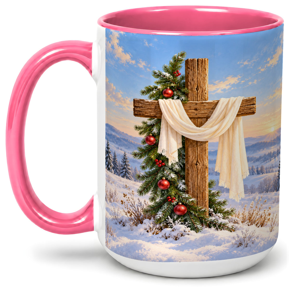 #pl[15oz|Pink] Winter Cross Accent Ceramic Mug, White Drape and Evergreen